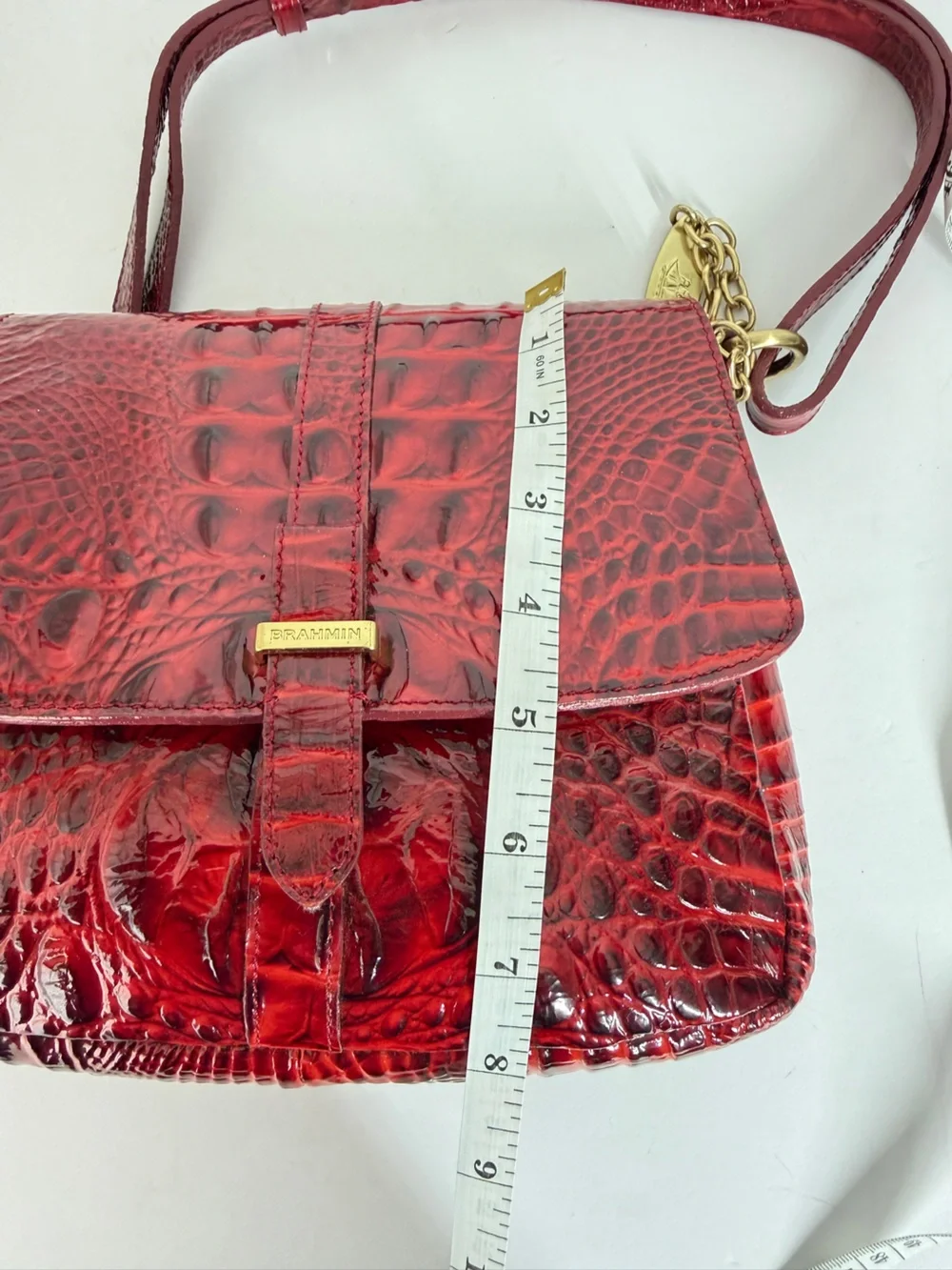 Vtg Brahmin Women's Shoulder Bag Red Croc Embossed Leather Small Gold Chain Lux